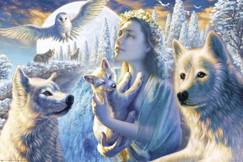 Spirit of the Mountain - Fairy, Wolves & Owl - H - Maxi Paper Poster
